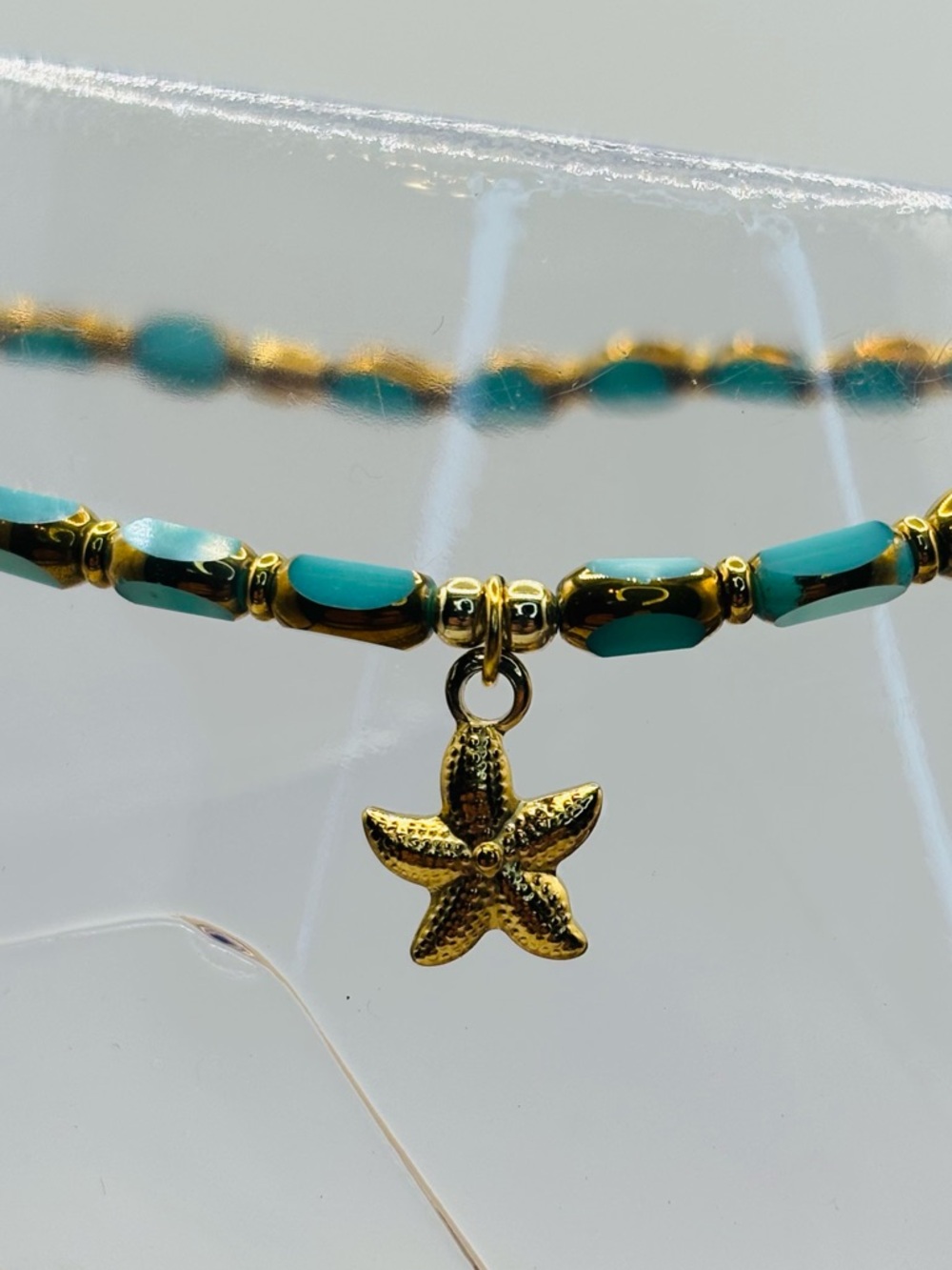 *Anklet* Gold Starfish & Crystal Stretchy Ankle Bracelet - Picture 4 of 7
